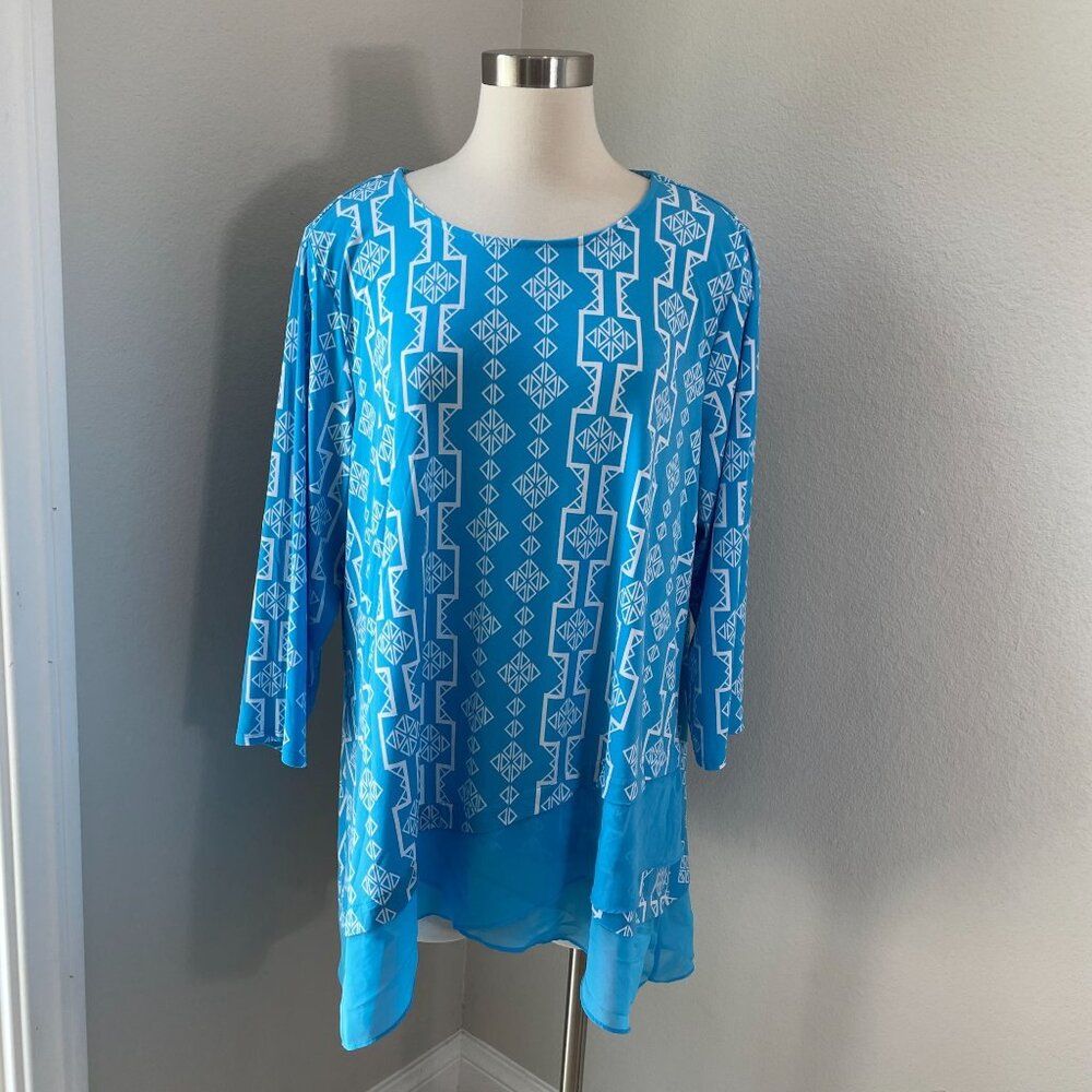 JM Collection Womens Plus 2X Geometric Print Tunic Top Long Sleeve Stretch Shirt